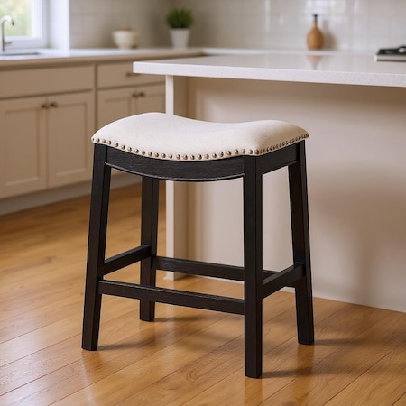 Homeroots 26" White and Black Fabric and Solid Wood Backless Counter Height Bar Chair 632363