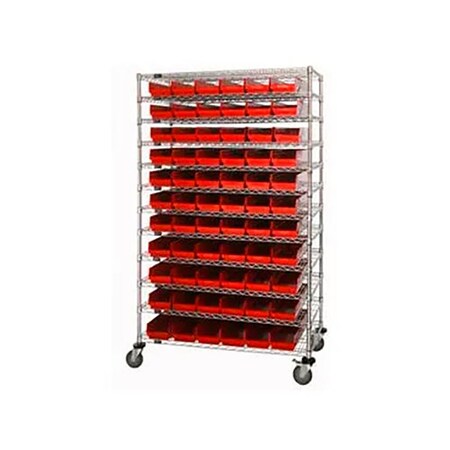 Global Industrial Chrome Wire Shelving with 140 4"H Plastic Shelf Bins Red, 72x14x74 269050RD