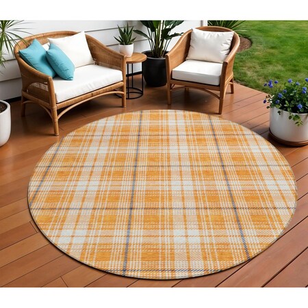 Homeroots 8' Orange Blue And Ivory Round Plaid Washable Indoor Outdoor Area Rug 597125