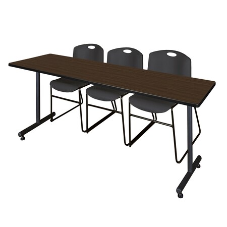 Regency Kobe T-Base Training Seminar Table W/ 2 Zeng Stack Chairs, 84 in W, 24 in L, Neo Walnut MKTRCT8424NW44BK
