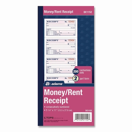 Adams Business Forms Money/Rent Receipt Book, Two-Part Carbonless, 4.75 x 2.75, 200 Forms Total DC1152