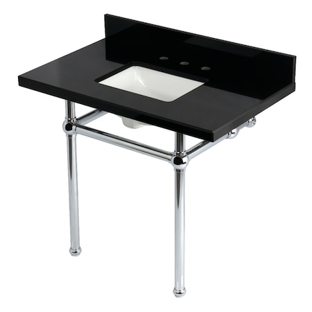 Kingston Brass 36" Black Granite Console Sink with Brass Legs, 8-Inch, 3-Hole, Black Granite/Polished Chrome KVPK3630KBSQ1