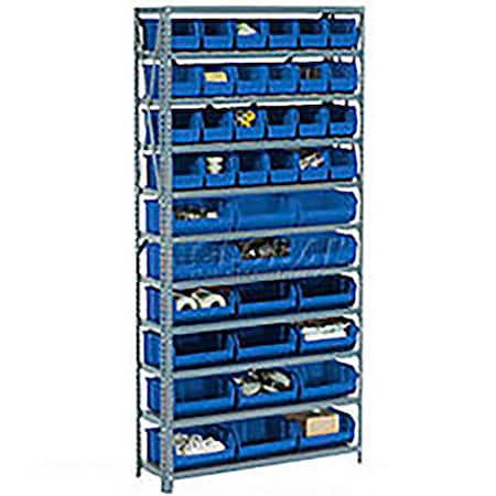 Global Industrial Steel Open Shelving with 17 Blue Plastic Stacking Bins 6 Shelves - 36x12x39 603244BL