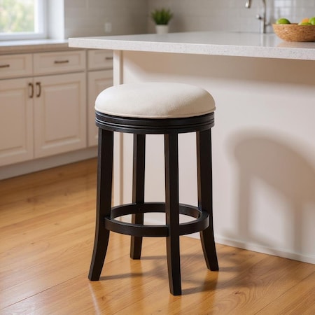 Homeroots 26" White and Black Fabric and Solid Wood Backless Counter Height Swivel Bar Chair 632412