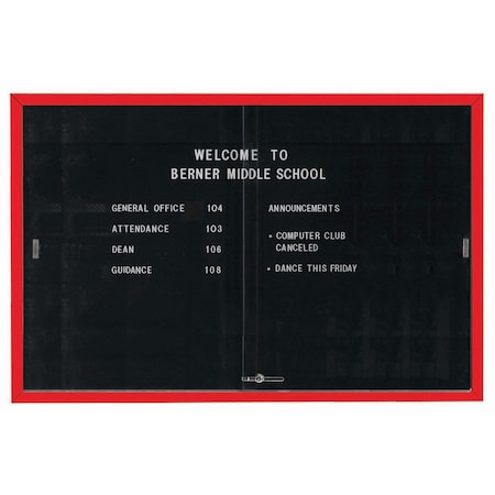 Aarco Enclosed Directory Board w/ Al Frame Sliding Doors, Black Felt, Powder Coated Red, 48''Hx72''W SDC4872R