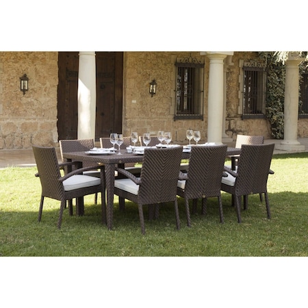 Hospitality Rattan Patio Soho 9-Piece Rectangular Dining Arm Chair Set with Cushions 903-3308-JBP-9DA-CUSH