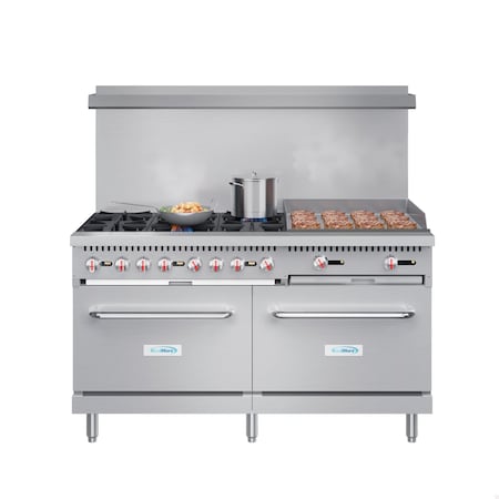Koolmore 60 in. 6 Burner Commercial Natural Gas Range with 24 in. Griddle in Stainless-Steel KM-CRG60-NG
