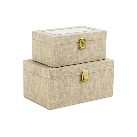 Homeroots Set of Two Beige Solid Wood Box With Lid, 2PK 489362