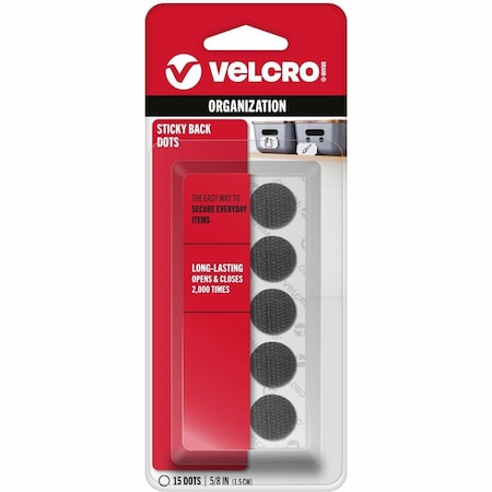 Velcro Brand Reclosable Fastener, Disc, Rubber Adhesive, 5/8 in, Black, 15 PK 90069
