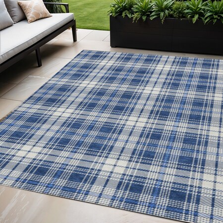 Homeroots 5' X 8' Navy Blue And Ivory Plaid Washable Indoor Outdoor Area Rug 597118