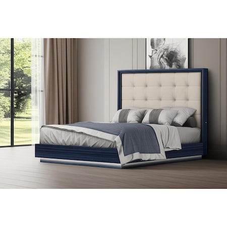 Homeroots Blue and Gray Wood And Tufted Faux Leather Lighted Queen Bed Frame 606422