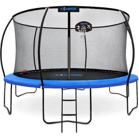 Campior 14ft Pumpkin Trampoline w/ Basketball Hoop, Inner Enclosure, Galvanized Springs, Waterproof Padding RMTRMP148BLUE