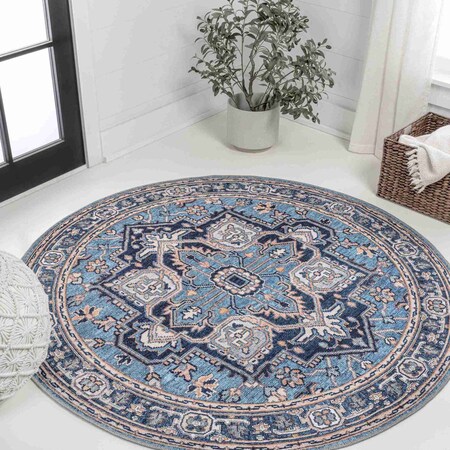 Jonathan Y Cirali Ornate Large Medallion Non-Slip Machine-Washable Blue/Beige 8 ft Round Area Rug WSH105B-8R
