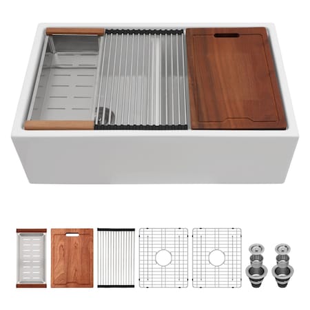 Wrightmaster 33" Apron-Front 2 Bowl White Ceramic Workstation Kitchen Sink w/ Cutting Board, Colander and Grids ZOR-AWS332010R2DS