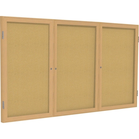 Ghent 3 Door Enclosed Natural Cork Bulletin Board, Oak Wood Frame, 3'H x 6'W PW33672K
