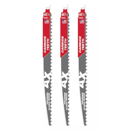Milwaukee Tool 12 in. 3 TPI SAWZALL THE AX w/ CARBIDE TEETH Reciprocating Saw Blade for Pruning & Clean Wood (3 pk) 48-00-5333