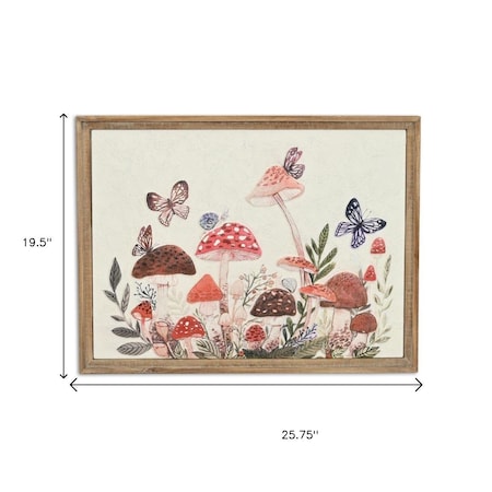 Homeroots 20" X 26" Natural And White Butterflies and Mushrooms Metal Framed Art 634379