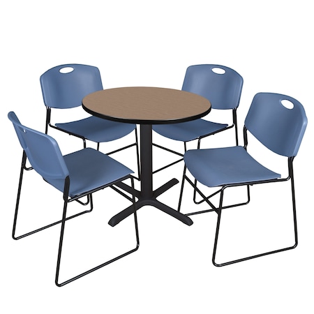 Regency Round Cain Breakroom Table W/ 4 Zeng Stack Chairs, 30 in W, 30 in L, Noble Oak TB30RNDNO44BE