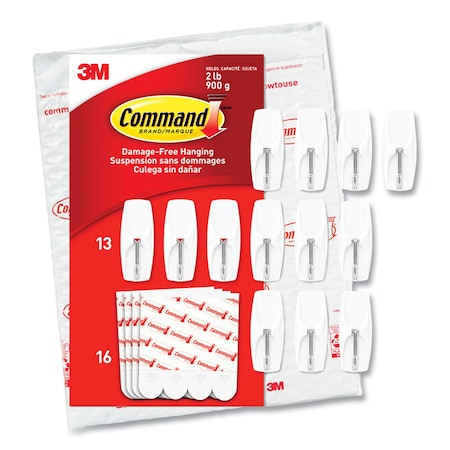 Command General Purpose Wire Hooks, Medium, Metal, White, 2 lb Capacity, 13 Hooks and 16 Strips 1706513NA