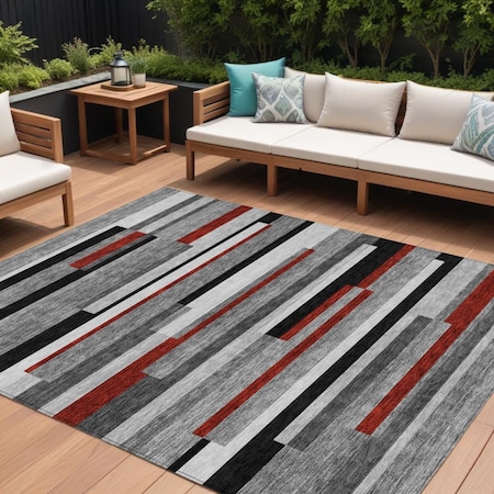 Homeroots 9' X 12' Gray Black And Red Striped Washable Indoor Outdoor Area Rug 613276