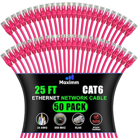 Maximm Cat6 Ethernet Cable 25ft 10Gbps 550MHz UTP, 50PK, Pink, 50PK CAT6CCA-25PN50PK