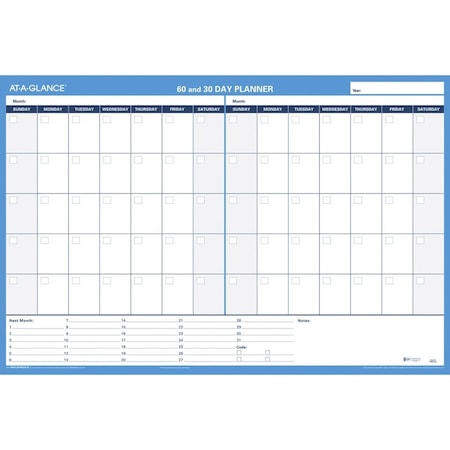At-A-Glance 30/60-Day Undated Horizontal Erasable Wall Planner, 36 x 24, White/Blue PM23328