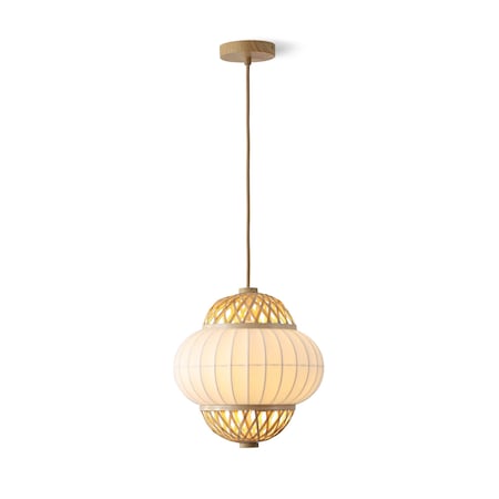 Vidalite Hikari 1-Light Pendant with Woven Bamboo & White Fabric Shade, Adjustable Hanging Height CE1009197