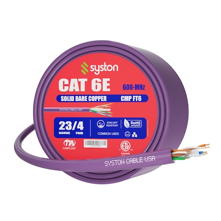 Syston Cable Technology Cat 6e Ethernet Data Cable Bulk, 250ft Purple, 600MHz 23AWG Solid Copper, CMP Plenum-Rated UV RoHS BULK1259-250PL