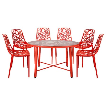 Leisuremod Devon 7-Piece Aluminum Patio Dining Set, Tempered Glass Top Table & 6 Stackable Chairs, Red DT48C6R