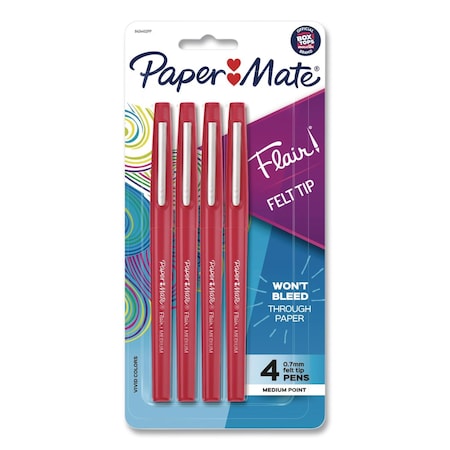 Paper Mate Flair Felt Tip Porous Point Pen, Stick, Medium 0.7 mm, Red Ink, Red Barred, 4PK 84244