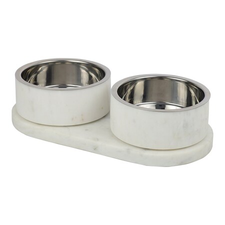 The Licker Store Marbre Small/Medium Modern Weighted Double Marble and Stainless Steel Bowl 12oz (1.5 Cups), White DBL1000B