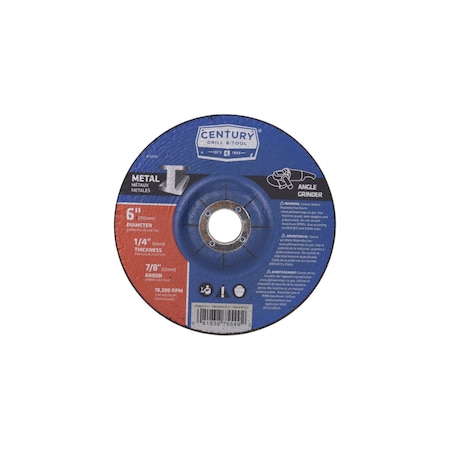 Century Drill & Tool Metal Grinding Wheel, Type 27, 6 in Dia, 1/4 in Thick, 7/8 in Arbor Hole Size, Aluminum Oxide 75549