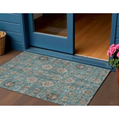 Homeroots 3' X 5' Teal Blue Aqua And Beige Oriental Washable Indoor Outdoor Area Rug 582134