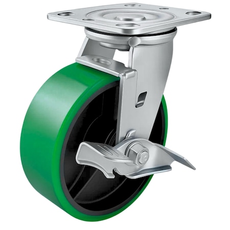 Hyw Products Heavy Duty Caster 6in Green Polyurethane on Cast Iron Wheel, Swivel with Brake 40-60S-A1-PC-TB(G)