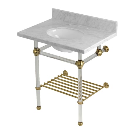 Kingston Brass 30-Inch Carrara Marble Console Sink with Acrylic Legs and Shelf, 8-Inch, 3-Hole KVPB30MAB7