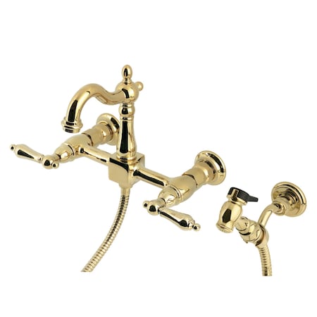 Kingston Brass Two-Handle Wall Mount Bridge Kitchen Faucet with Brass Sprayer, Polished Brass KS2442ALBS