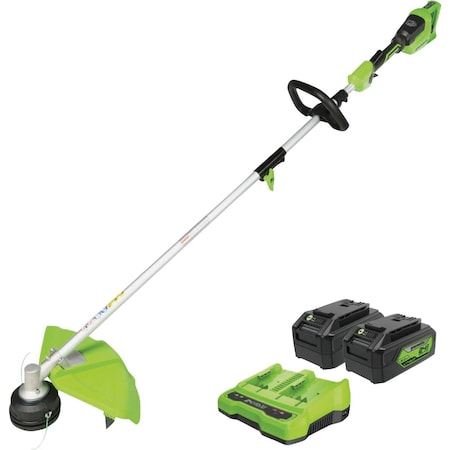 Greenworks 24V, 2 x 24V 16'' Brushless Attachment Capable String Trimmer with, 2 4.0 Ah USB Batteries & Charger 2123402