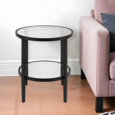Homeroots 24" Black And Clear Glass And Steel Round Mirrored End Table With Shelf 544189