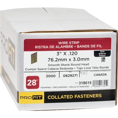 Pro-Fit 3'' x 0.120'' 28 Degree Wire Strip Smooth Shank Round Head Brite Framing Stick Nails, 2000 Ct. 629271