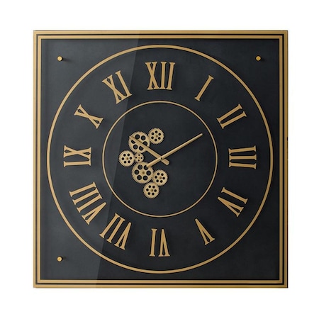 Homeroots 35" Black And Gold Glass And Metal Exposed Gear Square Wall Clock 485978