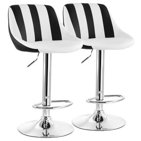 Elama 2 Piece Adjustable Faux Leather Bar Stool in Striped Black and White with Chrome Base ELM-704B-BLK-WHT