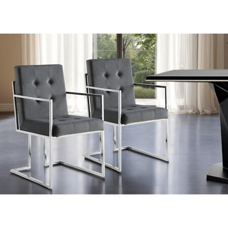 Homeroots Set of Two Tufted Gray and Silver Metallic Upholstered Velvet Dining Arm Chairs 543518