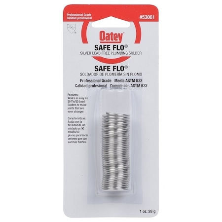 Oatey Safe-Flo Wire Solder, 1 oz Carded, Solid, Gray/Silver, 415 to 455 deg F Melting Point 53061