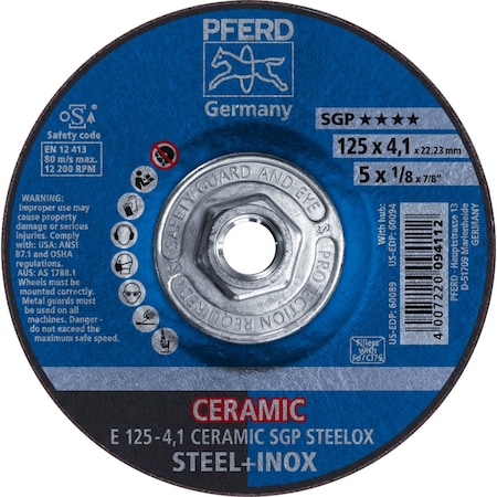 Pferd 5'' x 1/8 Grinding Wheel, 5/8-11 Thd. - CERAMIC SGP STEELOX - Type 27 60094