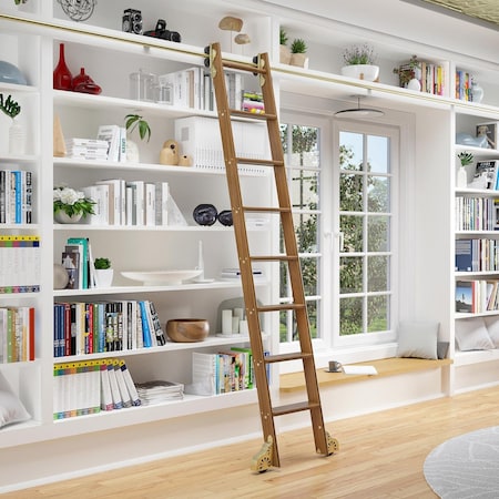 Quiet Glide 8.06 ft. Walnut Sunburst Wheel Brushed Satin Brass Rolling Ladder, 12 ft. Rail QG.210-8WA-12-H.06B