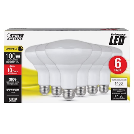 Feit Electric Feit BR30 E26 Medium LED Bulb Soft White 100 Watt Equivalence, 6PK BR30DM82710LED6