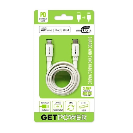 Boss Tech Products GetPower Sync and Charging Cable, USB Type C, Lightning, White, 3 ft L GP-USBC-ACL