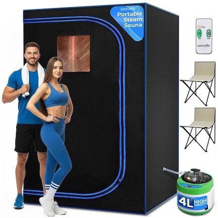 Serenelife Portable Sauna for Home, 2 Person Steam Tent with 4L Steamer, 2 Folding Chairs, Remote Control SLISAU40BK
