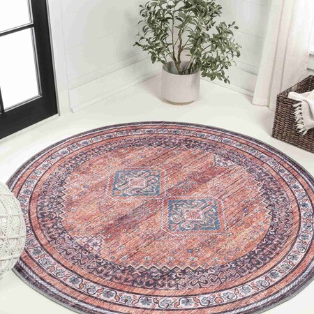 Jonathan Y Dalyan Geometric Medallions Non-Slip Machine-Washable Terracotta/Navy 8 ft Round Area Rug WSH101A-8R