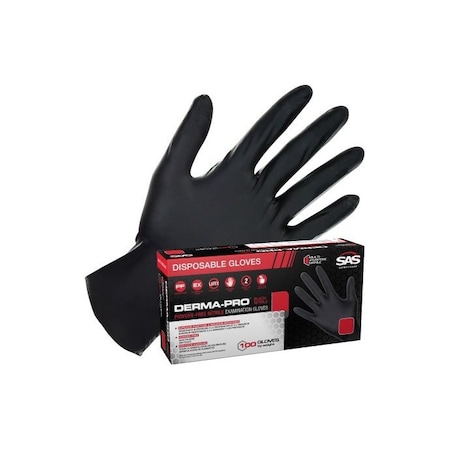 Sas Safety Derma-Pro, Nitrile Disposable Gloves, 4.5 mil Palm , Nitrile, Powder-Free, L, 100 PK, Black SA66543